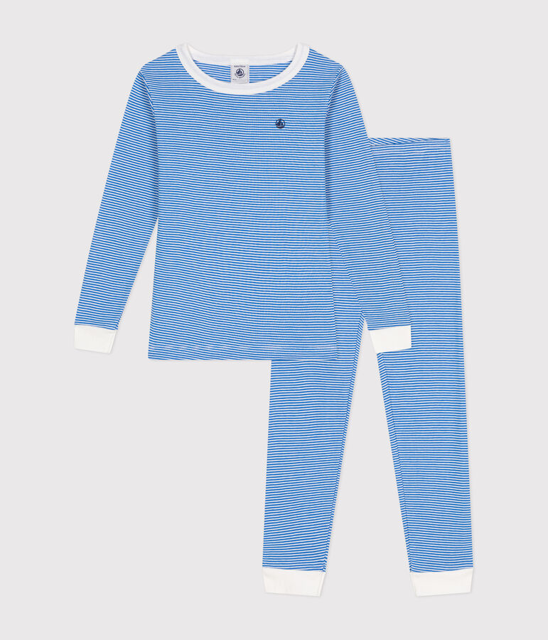 K&ouml;rpernaher, gestreifter Kinderpyjama aus Baumwolle blau/weiss
