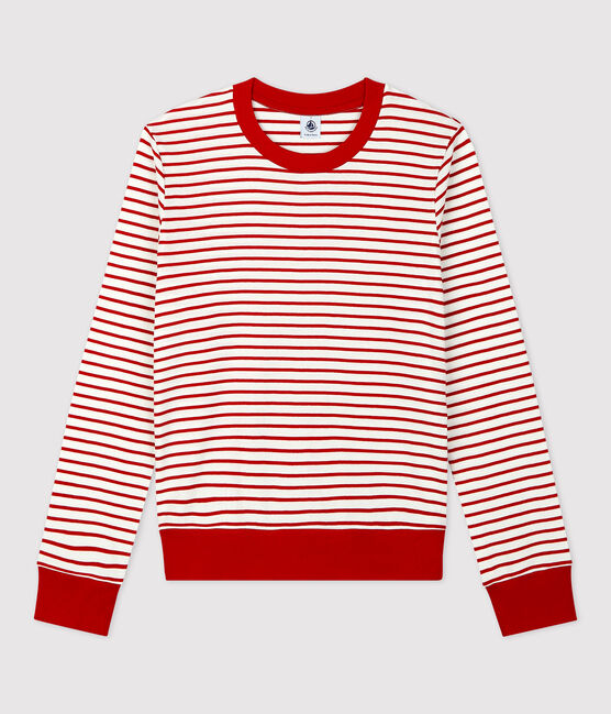 Baumwoll-T-Shirt mit Marinestreifen Damen weiss MARSHMALLOW/rot TERKUIT