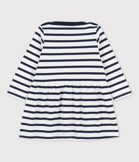 Langärmeliges klassisches Baby-Kleid aus dickem Bio-Jersey weiss MARSHMALLOW/blau SMOKING