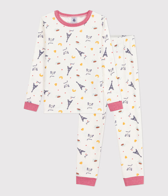 Kinder-Pyjama aus Baumwolle mit eng anliegenden Beinen und Muster weiss MARSHMALLOW/weiss MULTICO