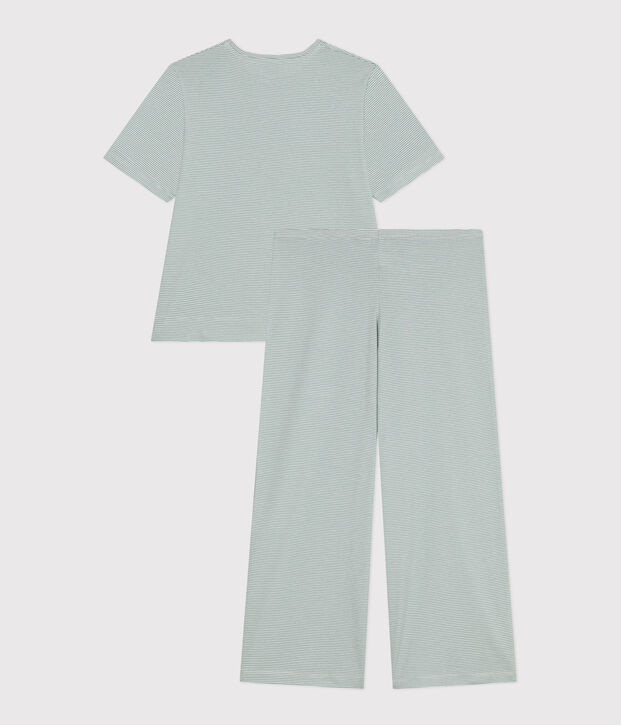 Damenpyjama aus Baumwolle, mit Ringelstreifen gr&uuml;n/weiss