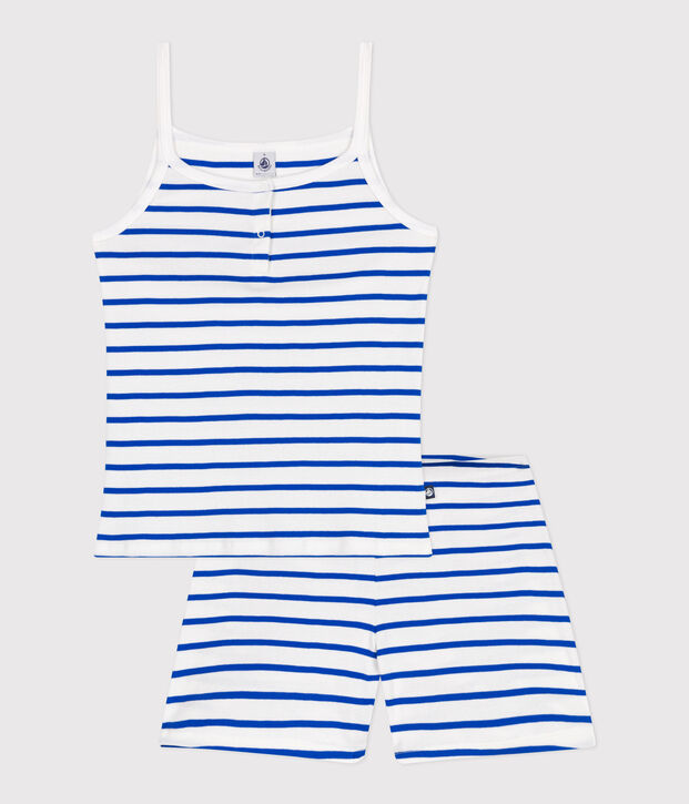 Damen-Kurzpyjama mit feinen Tr&auml;gern aus gestreifter Baumwolle weiss/blau