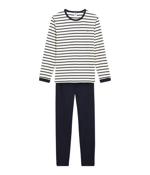Kinderpyjama aus Rippstrick f&uuml;r Jungen weiss/blau