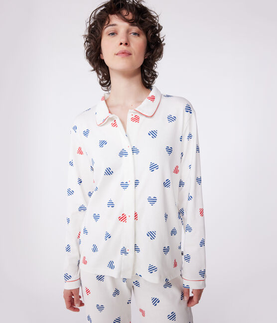 Geknöpfter Damen-Schlafanzug aus Baumwolle mit Herz-Print weiss MARSHMALLOW/weiss MULTICO
