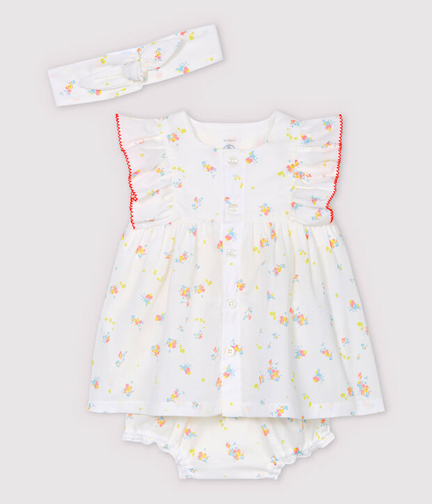 &Auml;rmelloses Baby-Kleid mit Bloomers und Haarband f&uuml;r M&auml;dchen weiss/vielfarbig
