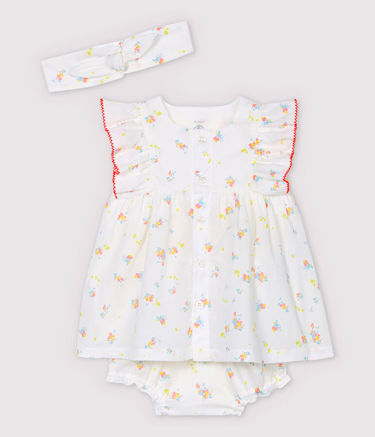&Auml;rmelloses Baby-Kleid mit Bloomers und Haarband f&uuml;r M&auml;dchen weiss MARSHMALLOW/weiss MULTICO