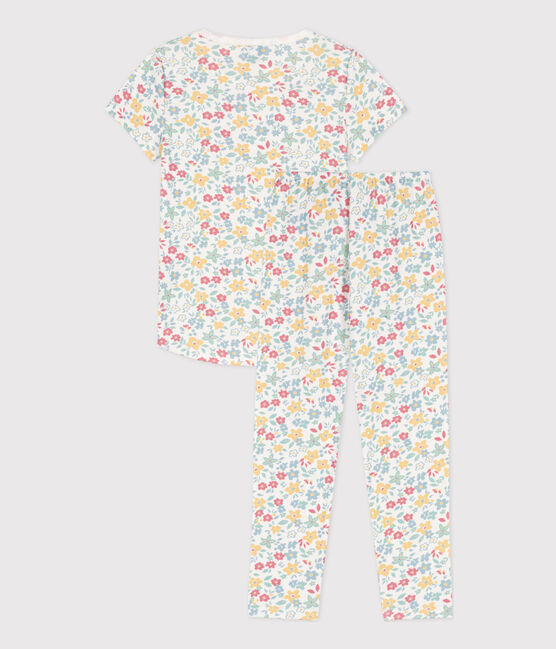 Kurzärmeliger Kinderpyjama aus Baumwolle mit Blumenmotiv für Mädchen weiss MARSHMALLOW/weiss MULTICO