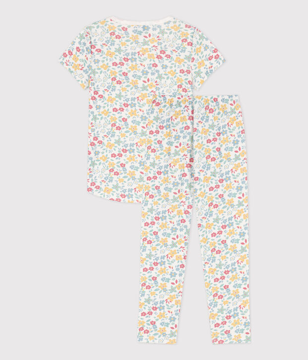 Kurz&auml;rmeliger Kinderpyjama aus Baumwolle mit Blumenmotiv f&uuml;r M&auml;dchen weiss/vielfarbig