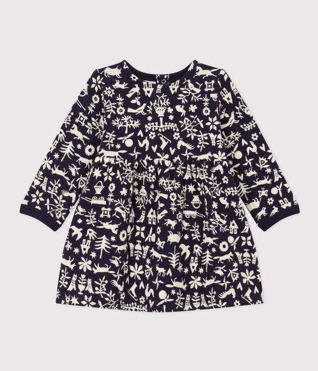 Bedrucktes lang&auml;rmeliges Babykleid aus gestepptem Doppeljersey blau/naturfarben
