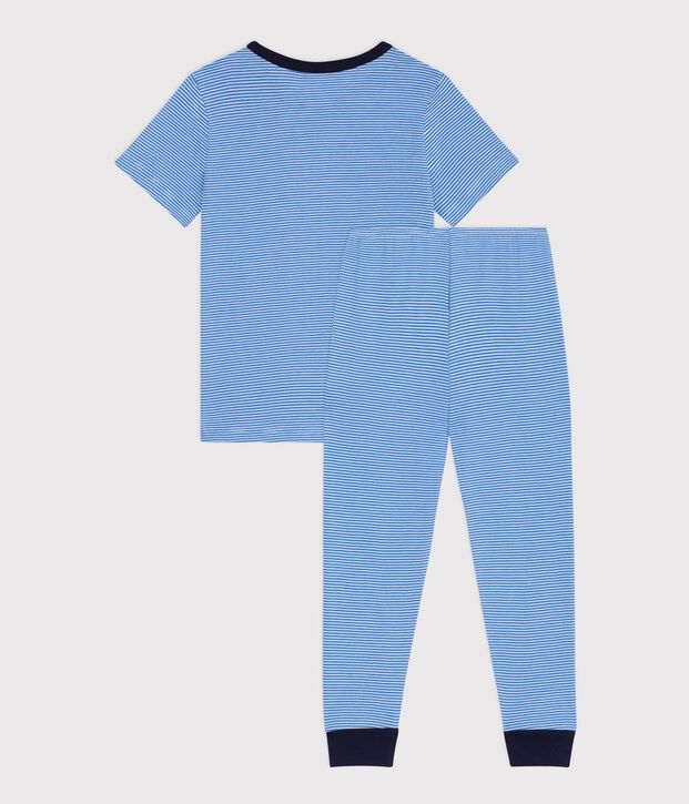 Kurz&auml;rmeliger Kinder-Pyjama mit langer Hose aus gestreifter Baumwolle blau/weiss