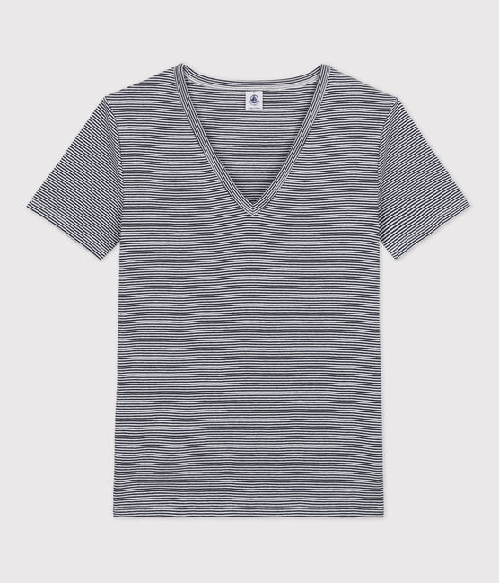 T-Shirt L’ICONIQUE aus Baumwolle mit V-Ausschnitt für Damen blau SMOKING/weiss MARSHMALLOW