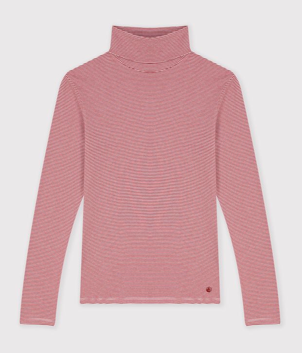 Damen-Rollkragenshirt aus Baumwolle mit Streifen rot/weiss