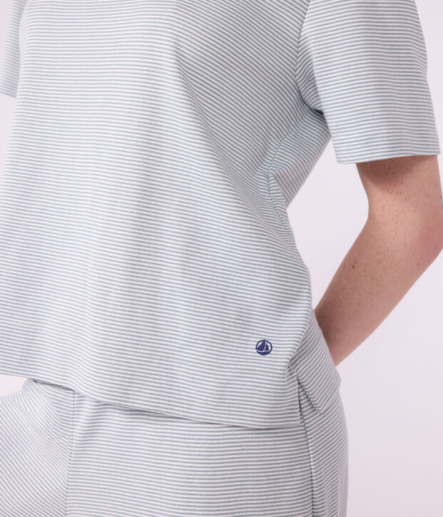 Damen-Pyjama aus Baumwolle mit weiten Beinen und Streifen grau/weiss
