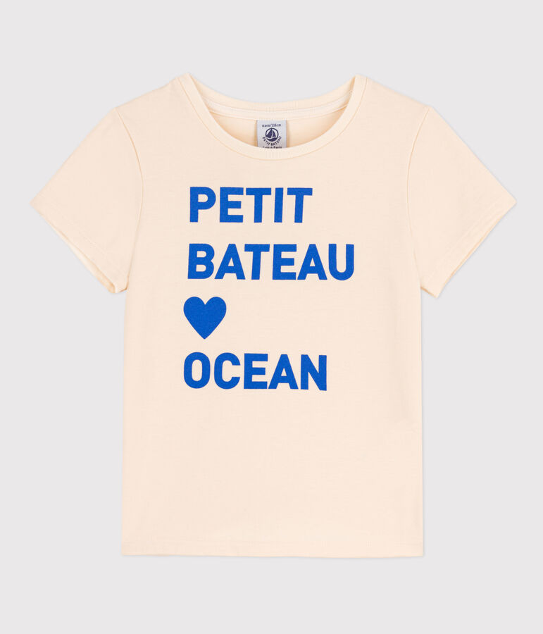 Kurz&auml;rmeliges bedrucktes Kinder-T-Shirt f&uuml;r M&auml;dchen naturfarben/blau