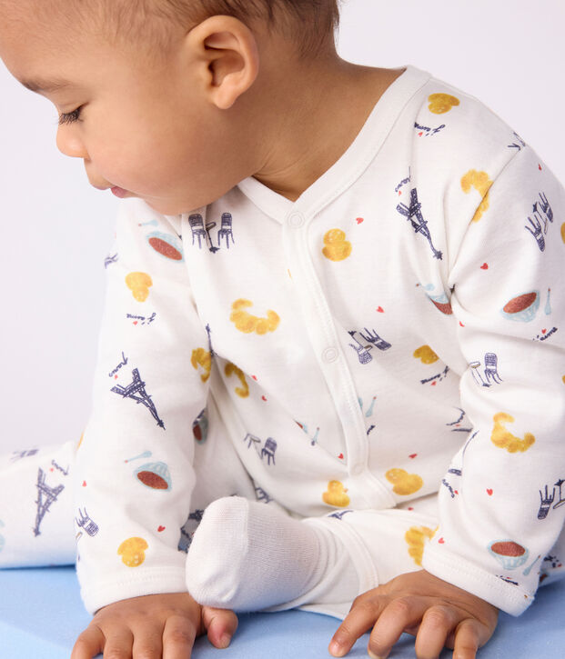 Strampler ohne F&uuml;sschen aus Baumwolle mit Paris-Motiv weiss/vielfarbig