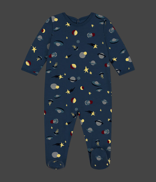 Strampler aus aufgerautem Molton mit Weltraummotiven blau/vielfarbig