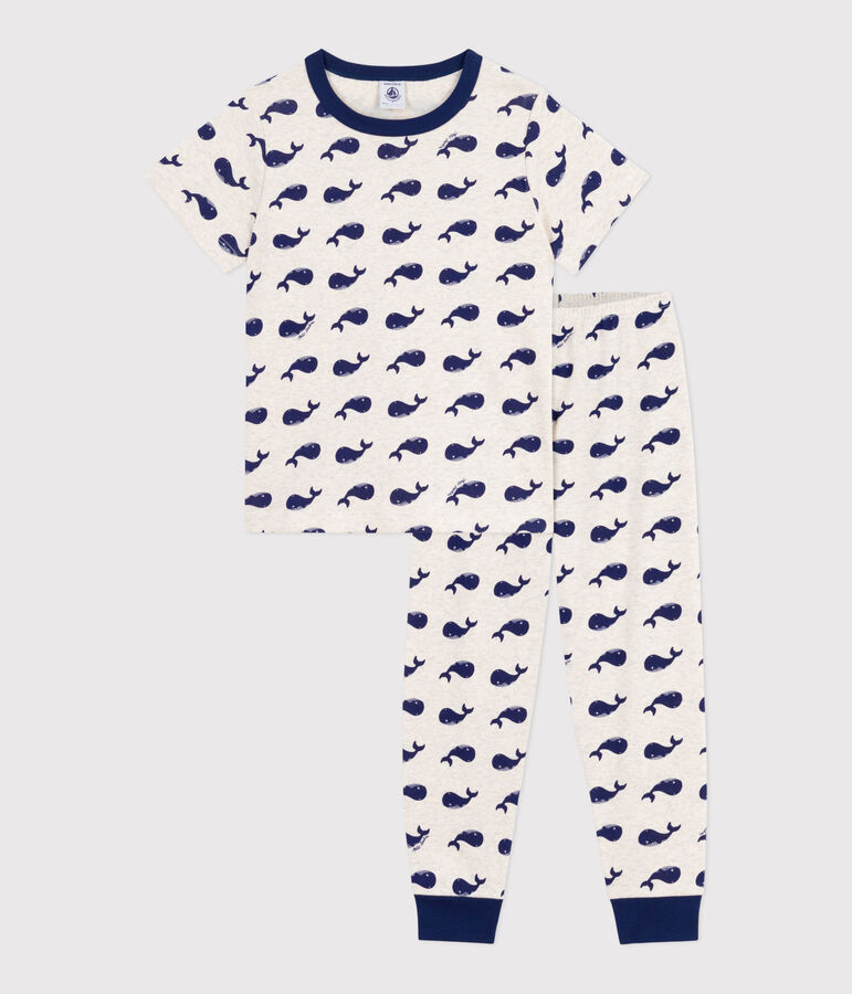 Kurz&auml;rmeliger Kinder-Pyjama mit langen Beinen aus bedruckter Baumwolle beige/blau