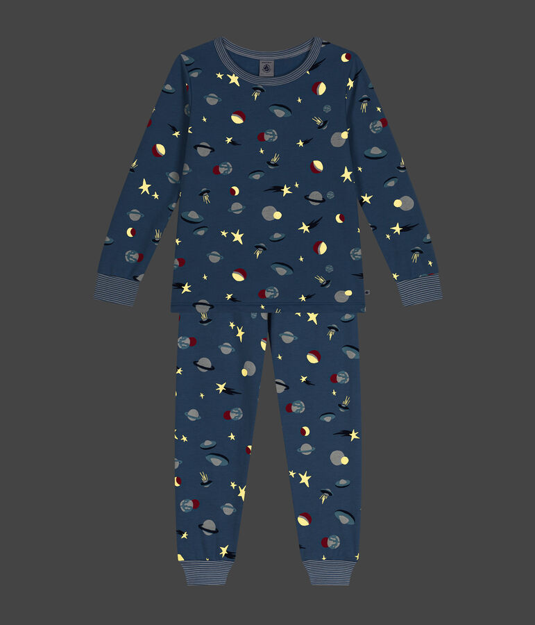 Kinder-Pyjama aus aufgerautem Molton mit Weltraummotiv blau/vielfarbig