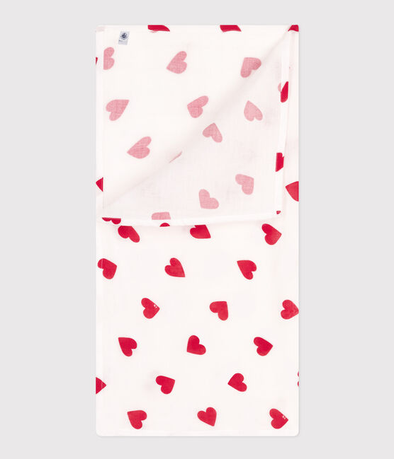 BABY-WICKELTUCH MT HERZMOTIV AUS BAUMWOLLGAZE weiss MARSHMALLOW/rot TERKUIT
