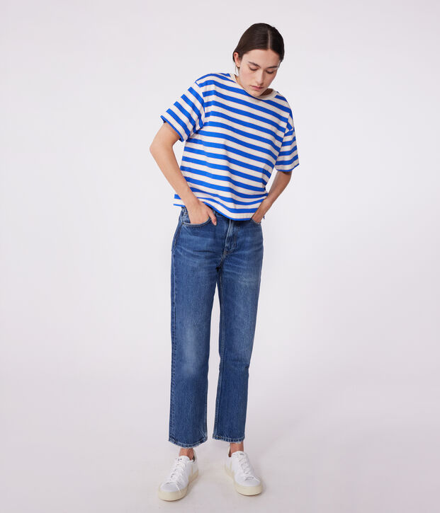 Damen-T-Shirt Le Boxy aus Baumwolle mit Streifen naturfarben/vielfarbig