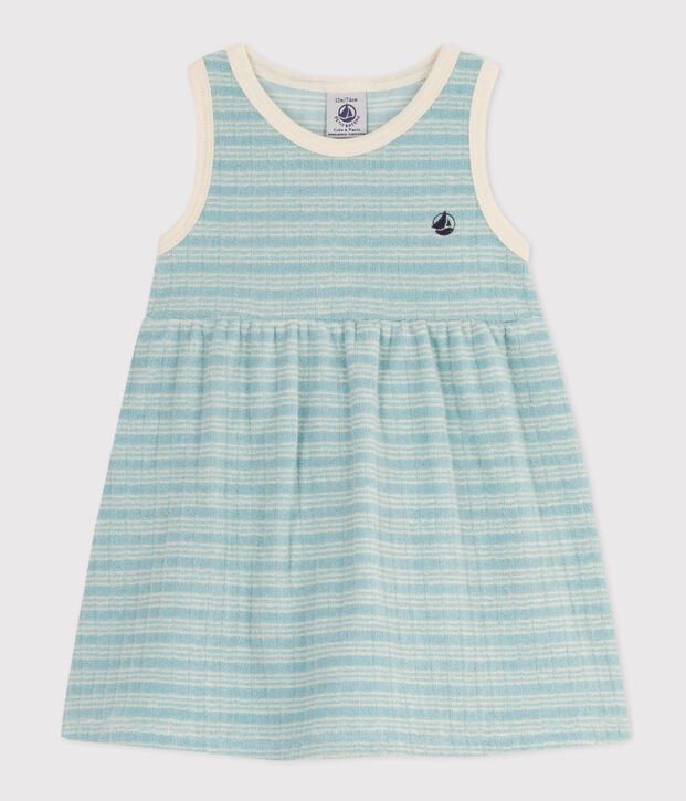 &Auml;rmelloses Baby-Kleid aus gestreiftem Frottee gr&uuml;n/naturfarben