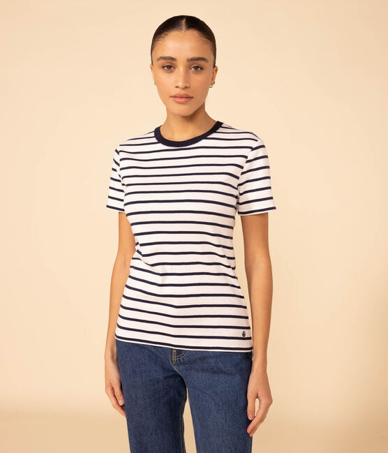 T-Shirt L’ICONIQUE aus Baumwolle mit rundem Ausschnitt für Damen weiss MARSHMALLOW/blau SMOKING