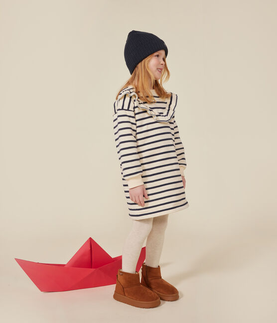 Langärmeliges Kinder-Kleid aus aufgerautem Molton für Mädchen weiss AVALANCHE/blau SMOKING