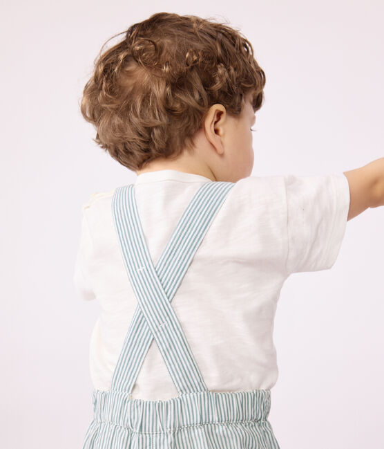 Kurzbeinige Baby-Latzhose aus Baumwolle mit Streifen weiss MARSHMALLOW/blau BRUT