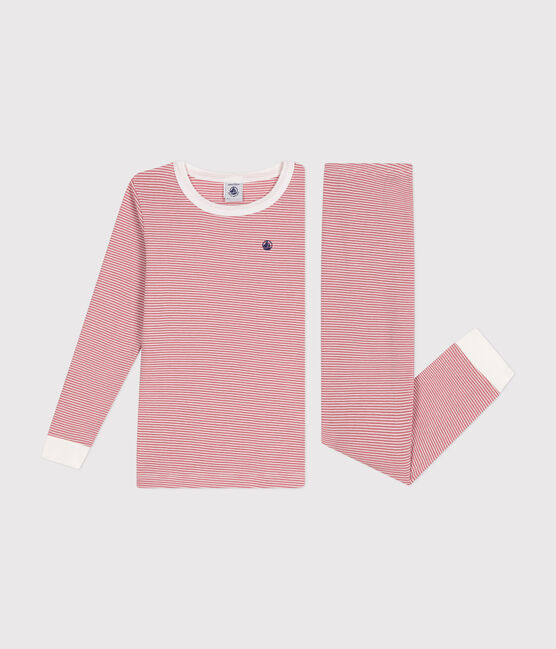 Eng anliegender Kinder-Pyjama aus gestreifter Baumwolle rosa ROSEWOOD/ MARSHMALLOW