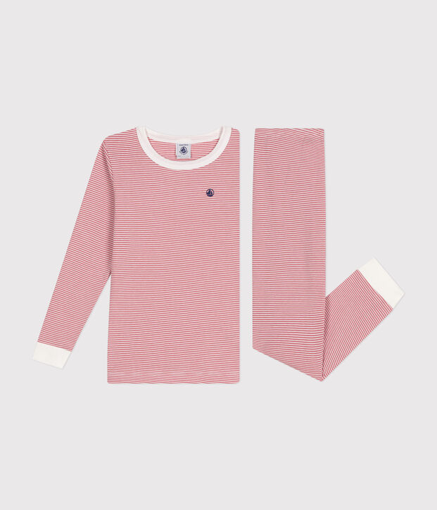 Eng anliegender Kinder-Pyjama aus gestreifter Baumwolle rosa/weiss