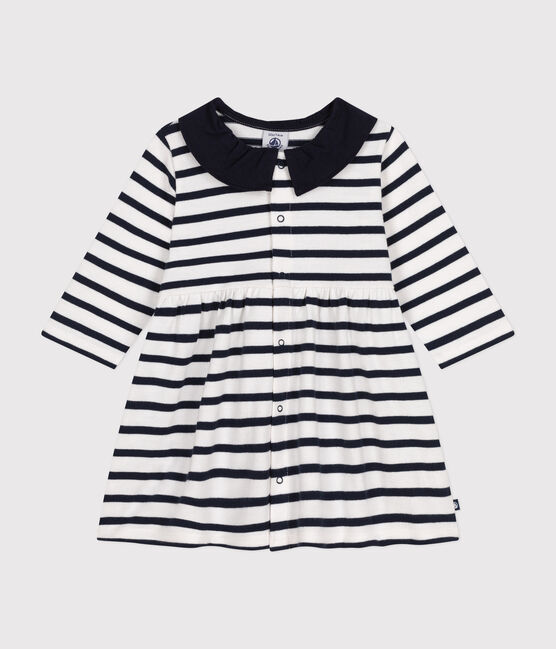 Langärmeliges Baby-Kleid aus dickem Jersey weiss MARSHMALLOW/blau SMOKING