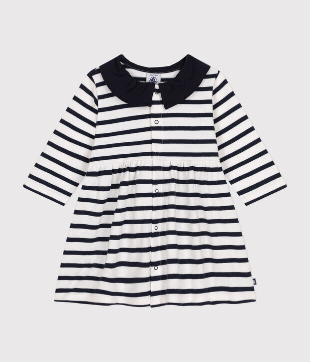Lang&auml;rmeliges Baby-Kleid aus dickem Jersey weiss/blau