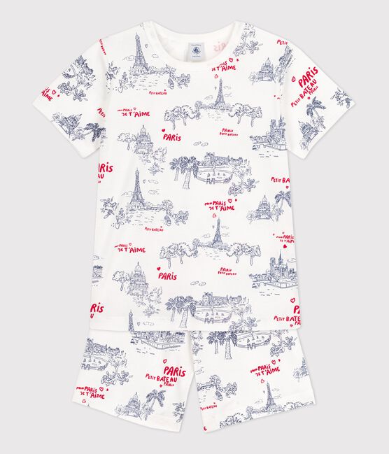 Kinder-Kurzpyjama aus Baumwolle weiss MARSHMALLOW/weiss MULTICO
