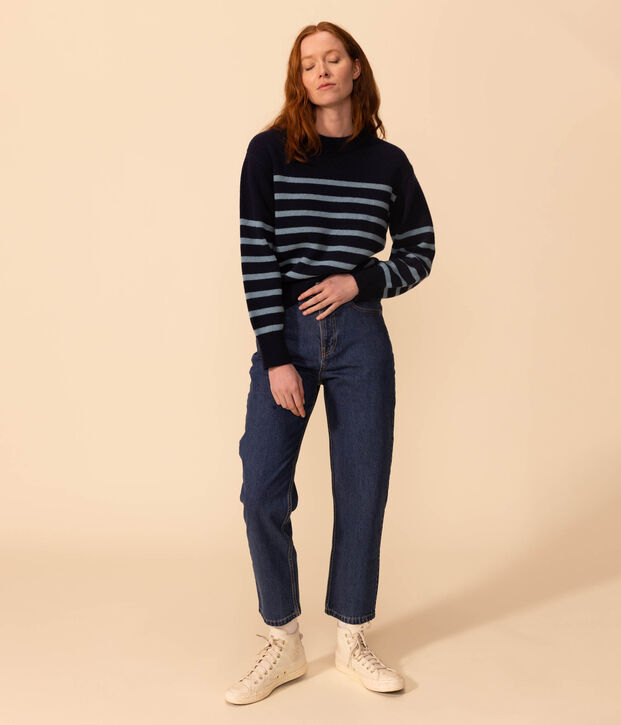 Damenpullover aus Wolle mit Matrosenmuster blau/blau