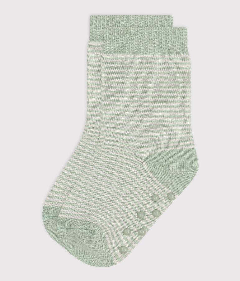 Rutschfeste Babysocken aus Baumwolle mit Streifen gr&uuml;n/weiss