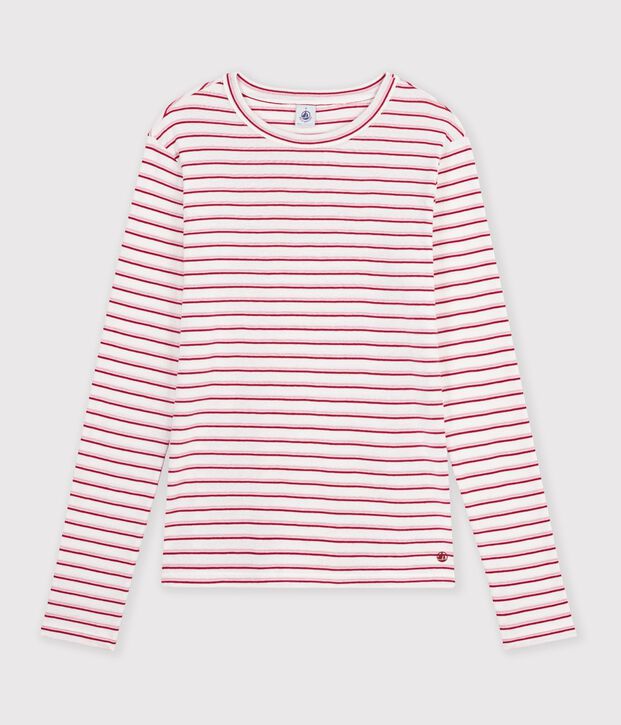 Lang&auml;rmeliges Damen T-Shirt aus Baumwolle mit Streifen weiss/rot