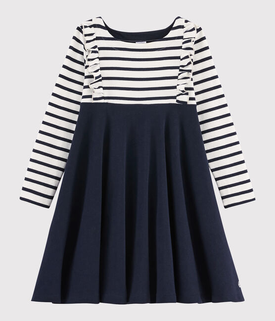 Kinderkleid aus Baumwolle für Mädchen weiss MARSHMALLOW/blau SMOKING