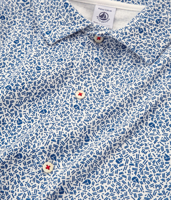 Rippstrick-Kurzpyjama für kleine Jungen weiss MARSHMALLOW/blau MAJOR