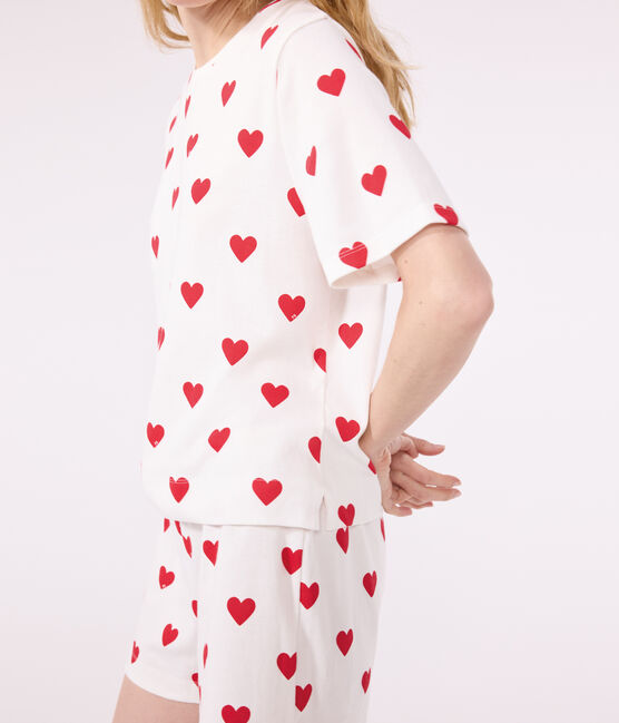 Kurz-Pyjama aus Baumwolle für Damen weiss MARSHMALLOW/rot TERKUIT