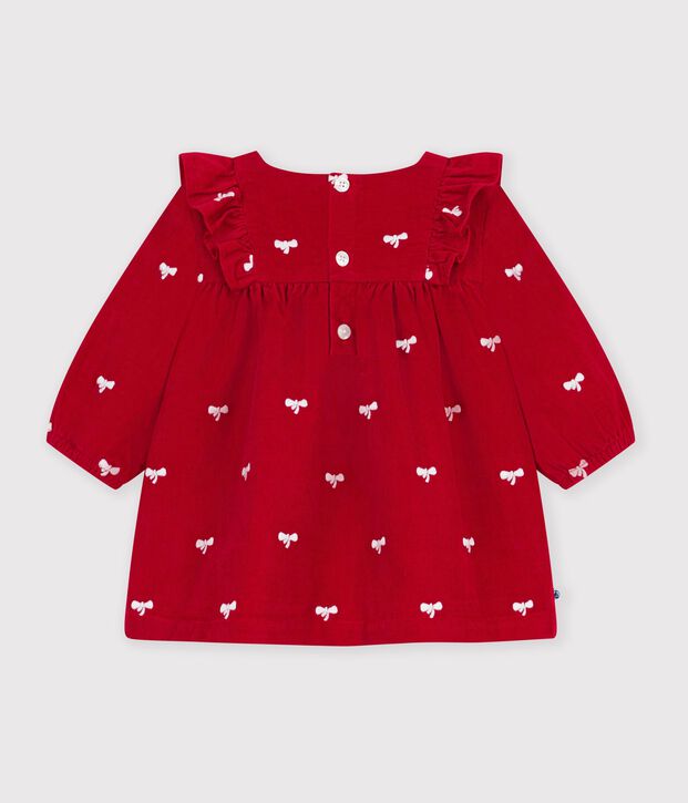 Lang&auml;rmeliges Baby-Kleid aus Feincord mit Stickereien und Schleifenmotiv rot/naturfarben