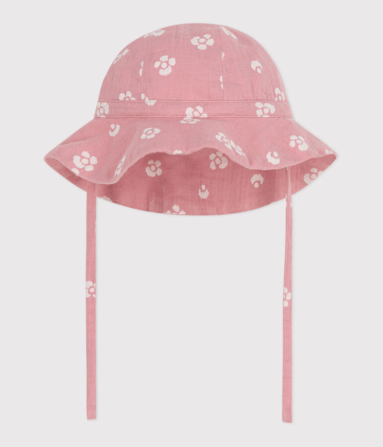 Baby-Sonnenhut f&uuml;r M&auml;dchen aus Musselin-Stoff mit rosa Blumen rosa/weiss