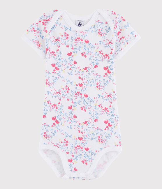 Kurzärmeliger Baby-Body Mädchen weiss ECUME/rosa ROSE/ MULTICO