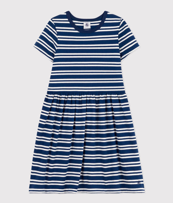 Kurzärmeliges gestreiftes Mädchenkleid aus Baumwolle blau MEDIEVAL/weiss MARSHMALLOW