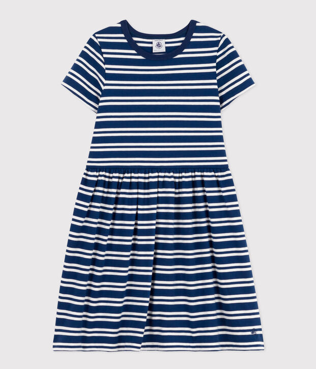 Kurz&auml;rmeliges gestreiftes M&auml;dchenkleid aus Baumwolle blau/weiss