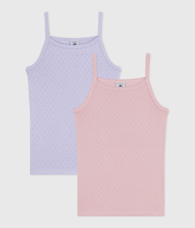 Set Kinder-Spaghetti-Tops aus Baumwolle mit Lochstickerei. vielfarbig