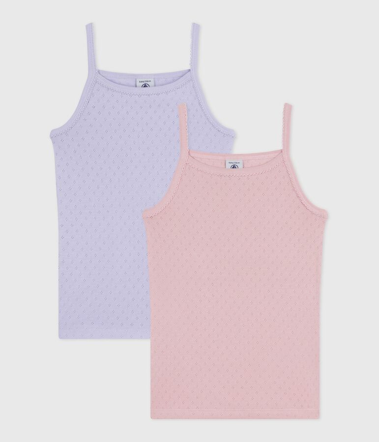 Set Kinder-Spaghetti-Tops aus Baumwolle mit Lochstickerei. vielfarbig