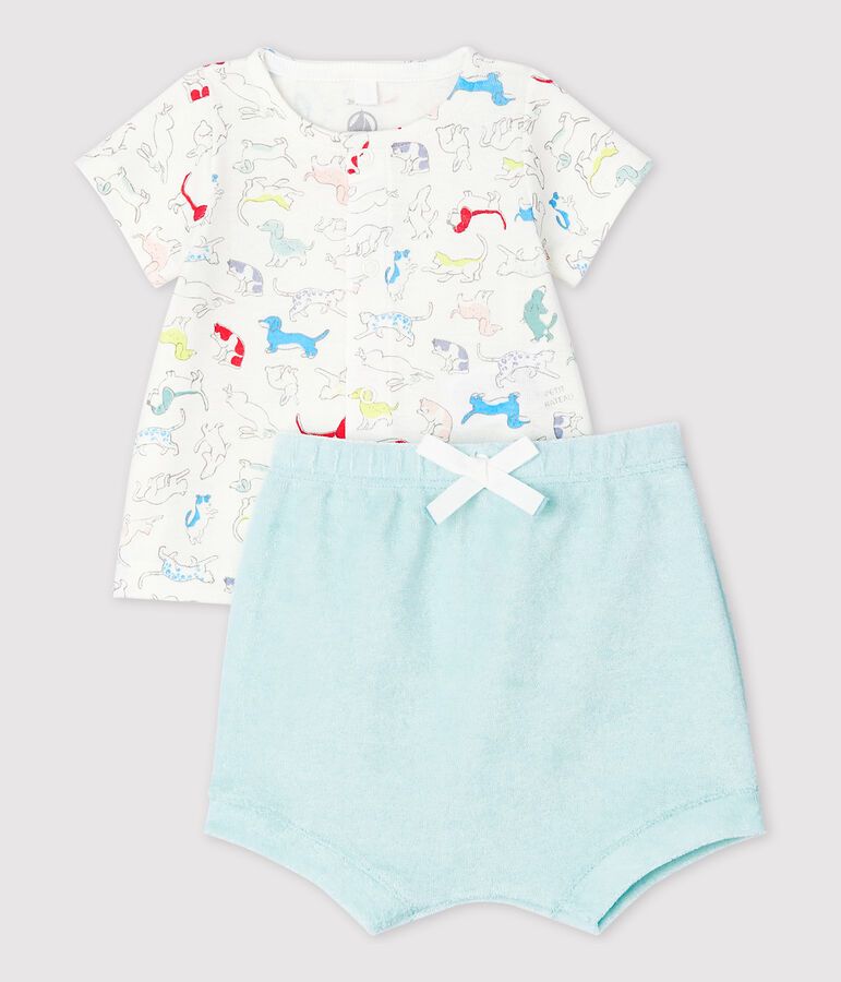 Zweiteiliges Baby-Set aus Frottee und Bio-Baumwolle mit buntem Hundewelpen-Motiv weiss/vielfarbig