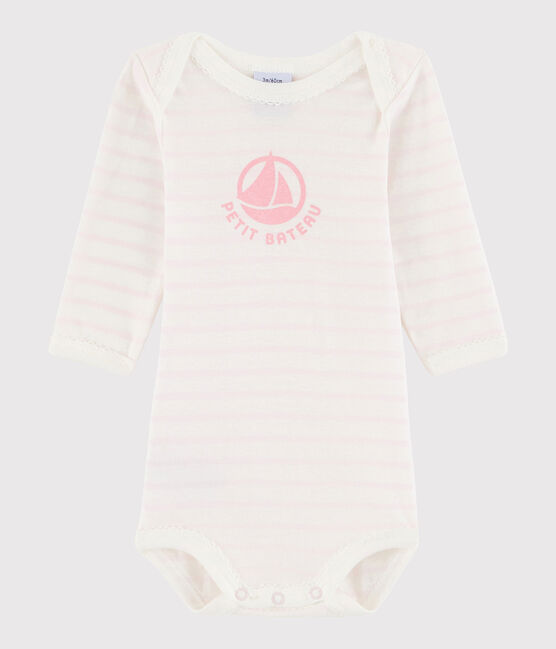 Langärmeliger Baby-Body Mädchen weiss MARSHMALLOW/rosa VIENNE