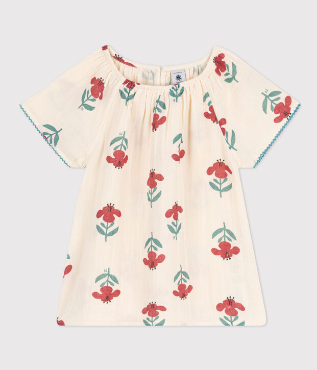 Gebl&uuml;mte kurz&auml;rmelige-Kinderbluse aus Musselin-Stoff f&uuml;r M&auml;dchen naturfarben/vielfarbig