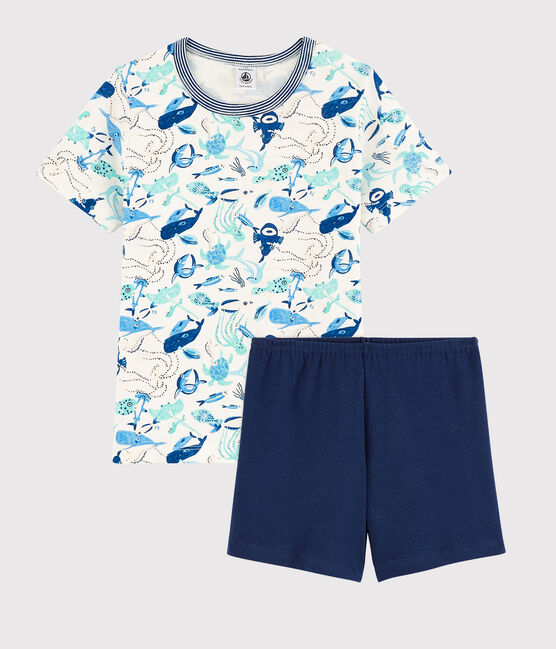 Kinder-Kurzpyjama aus Baumwolle mit Meerestiermotiv für Jungen weiss MARSHMALLOW/weiss MULTICO